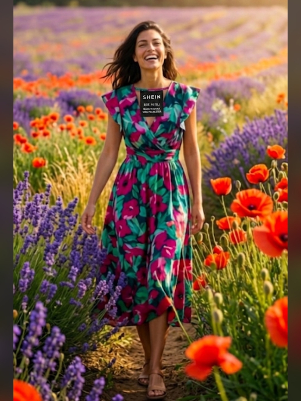 Shein Boho Floral Midi Dress Flutter Sleeve Size 14)